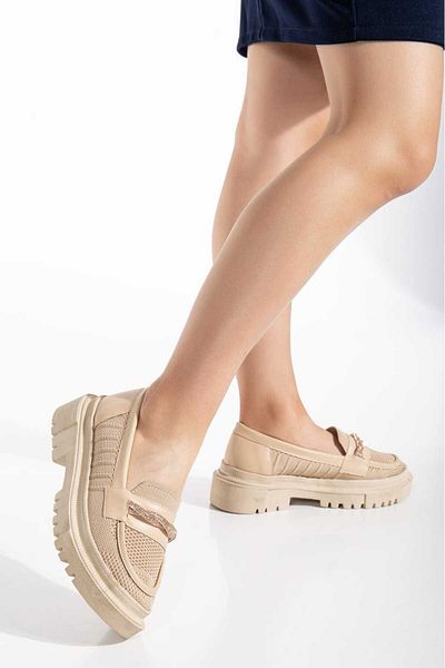 Cansu Ayakkabı Women's Skin Color Knitwear Loafer Stone Buckle Detail Comfortable Daily Shoes