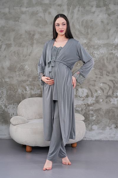 Pelin Women's Gray Lace Maternity Pajama Set with Dressing Gown
