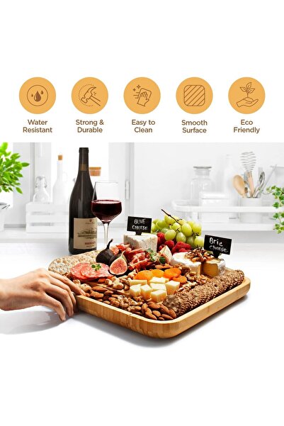 COOYA Bamboo Cheese Board and 4 Stainless Steel Flatware Sets,with Slide-Out Drawer,for Wedding Birthday