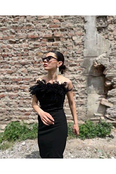 Shop Krutzo Kadın Siyah Straplez Tüylü Midi Abiye Elbise