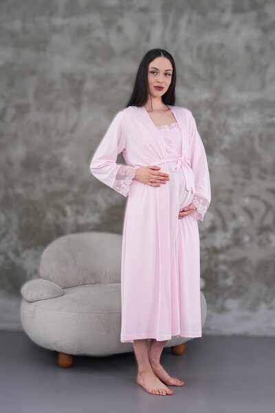 Pelin Kadın Pudra Dantelli Lohusa Hamile Gecelik Sabahlık Takım