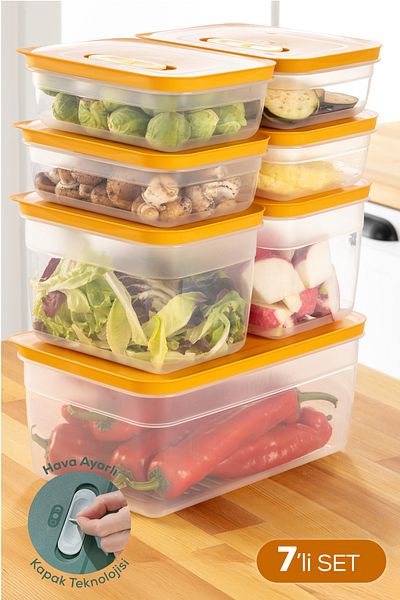 Vienev 7 Air Duct Adjustable Vegetable and Fruit Storage Container 4X(1.15 Lt) 2X(2.35 Lt) 1X(5 Lt) Orange