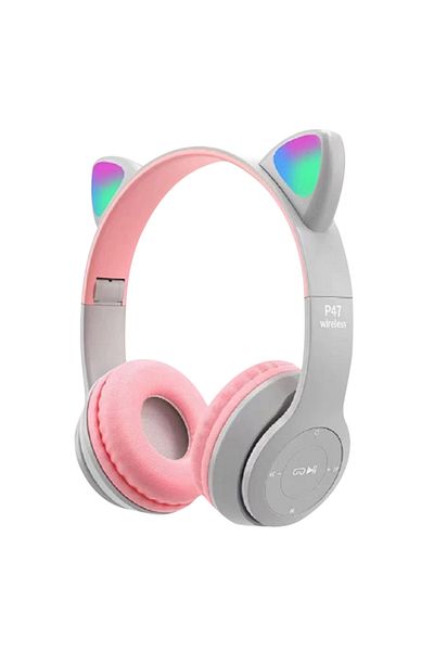 ALLOYSEED GRAY Cute Cat Ear Headphones with RGB LED Light Wireless Headset Kids Girls Stereo Phone Music Bluet