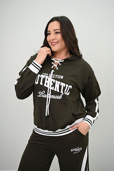Koza Butik Дамски спортен костюм с широки крачоли и връзки, размер plus size, 8164-25