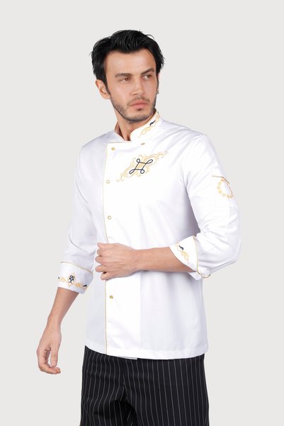 isinigiy Embroidered White Yellow Piping Cook Jacket