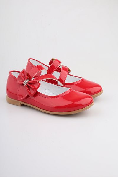 moon glow Girl's Red Patent Leather Ballerinas - Bow Detail and Stones