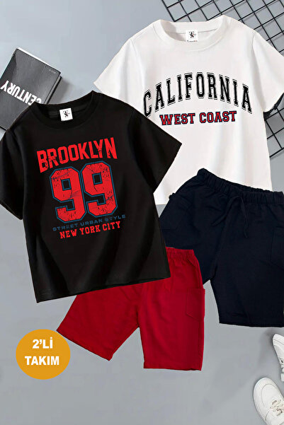 twins tailors طقم تي شيرت صيفي قصير للأطفال مطبوع عليه كاليفورنيا وبروكلين