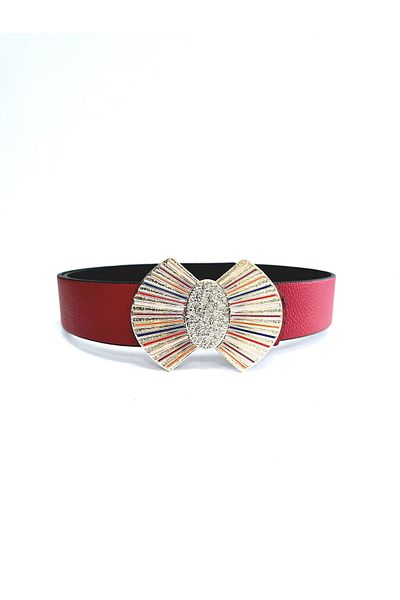 Kemerix Women's Gold Colorful Enamel Plated Buckle Reversible Red-Black Belt