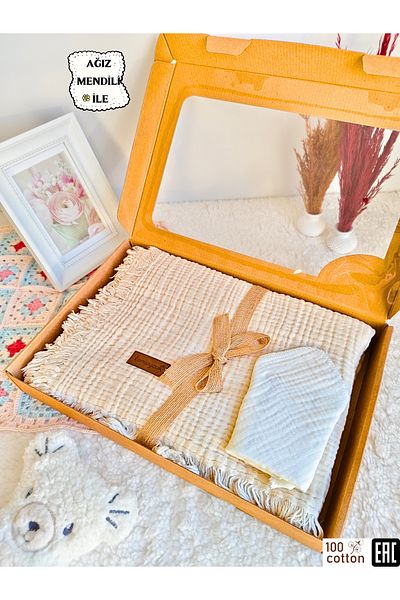 Tomuycuk 4 Layer Muslin Baby Blanket - Ecru Fringed, 100X120 Cm, 100% Cotton, Multi-Purpose