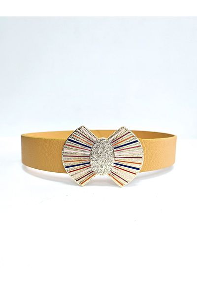 Kemerix Women's Gold Colorful Enamel Plated Buckle Mustard Yellow Belt