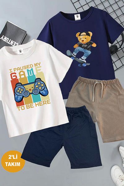 twins tailors Game Console and Teddy Printed 2 Pcs Summer T-Shirt-Shorts Kids Set