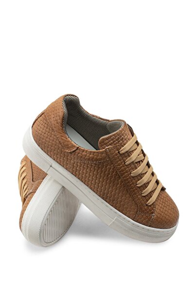 Deery Hakiki Deri Taba Rengi Örgü Desen Sneaker Kadın Ayakkabı