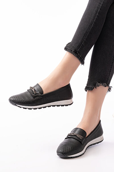 Saks Gardrop Παπούτσια μπαλαρίνας Orthopedic Daily Soft Γυναικεία Μαύρα Δέρμα με διάτρητη πέτρα με πόρπη