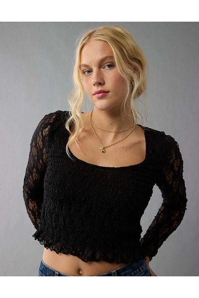 AMERICAN EAGLE AE Long-Sleeve Lace Smocked Shirt
