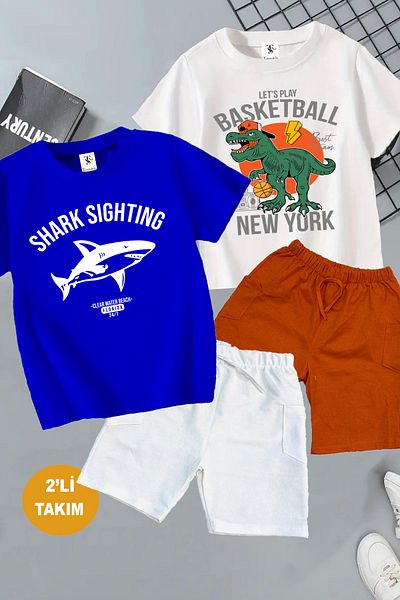 twins tailors Basketball Dinosaur and Shark Printed 2 Pcs Summer T-Shirt-Shorts Kids Set