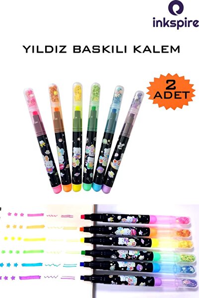 inkspire Yıldız Baskılı Fosforlu Kalem 2 Adet Pullu Yıldız Damgalı Sihirbaz K...