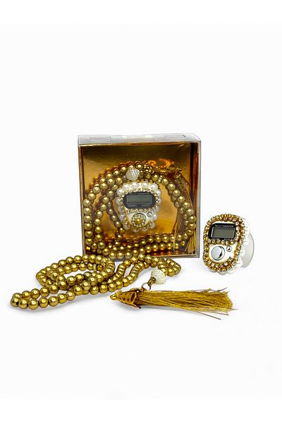 Loggia Gold Rosary and Stone Zikirmatik Set with Tassels and Vav Letter Rosary Gift