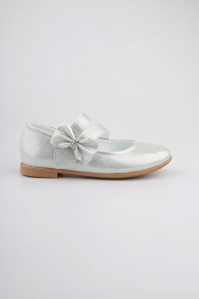 moon glow Girl's Bow Detailed Stone Silver Color Ballerina Shoes