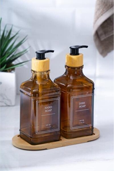 btm home Set of 2 Liquid Glass Soap Dispensers with Bamboo Stand