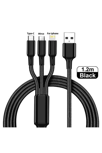 Choice 1.2m black 3 in1 Charging Cable Multi Usb Port Multiple Usb Charging Cord Type C Micro Charger Mobil