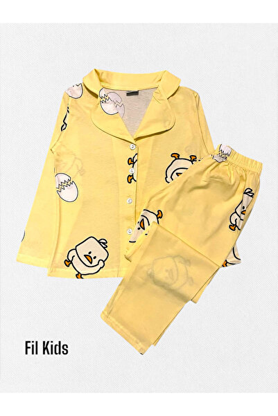 Fil Kids Kız Çocuk %100 Pamuklu Sarı Civciv Yumurta Desenli Gömlek Yaka Düğmeli Mevsimlik Pijama Takımı