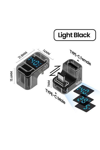 Choice U-shape Light Black 140W Elbow Type C to Type C Adapter Digital Display PD Fast Charging 40Gbps Data