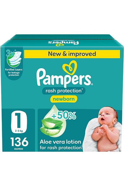 Pampers حماية من الطفح الجلدي، مقاس 1، 2-5 كجم، صندوق جامبو، 136 حفاضة