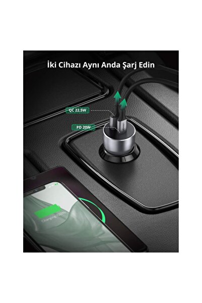 Ugreen 60980 USB-A+USB-C QC/PD 42.5W Hızlı Araç Şarj Adaptörü