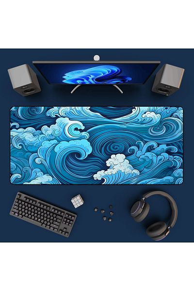 Laumango 900 x 400 mm Aesthetic Desk Mat Art Japanese Great Waves XXL Gaming Mouse Pad Blue Mousepad 900x400