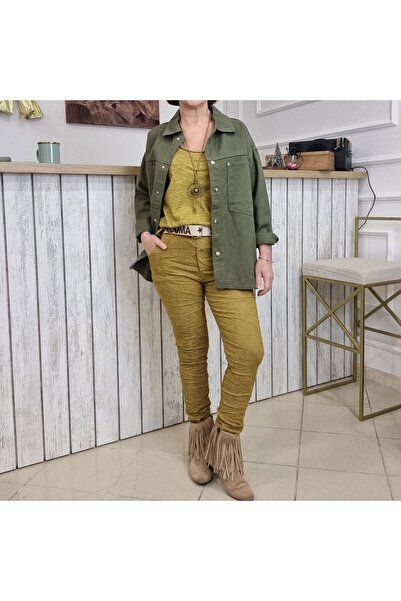 pudubutik Belted Lycra Italian Velvet Trousers Mustard