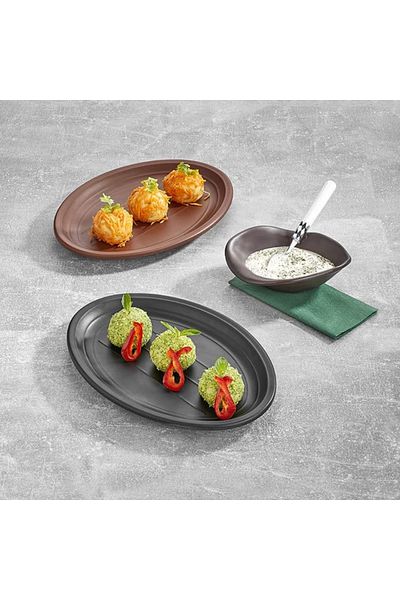 Külsan Matte Black Oval Melamine Serving Plate Set  2 Pcs 36 CM
