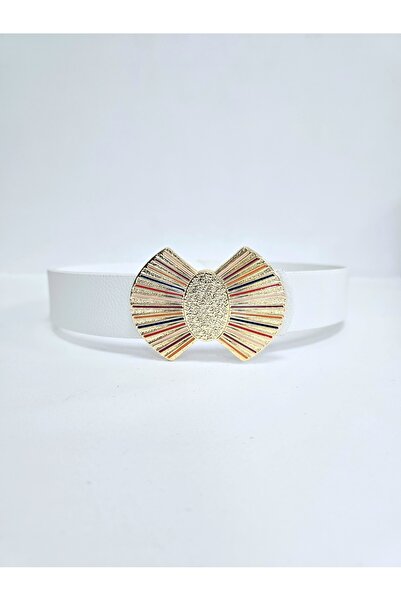 Kemerix Women's Gold Colorful Enamel Plated White Belt with Buckle