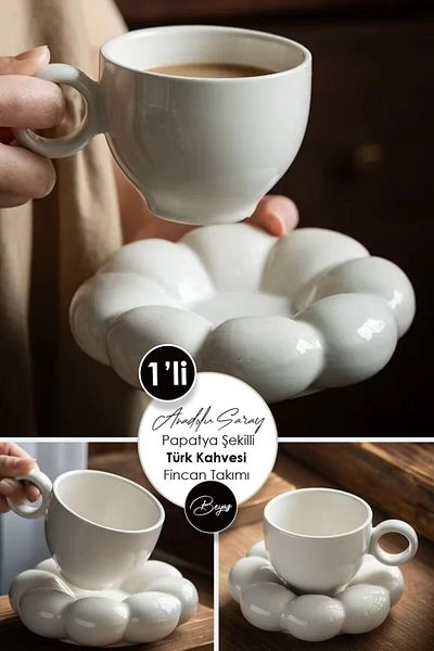 Anadolu Saray 1Pcs Handmade Ceramic White Daisy Model Handmade Turkish Coffee Cup Set 90ml