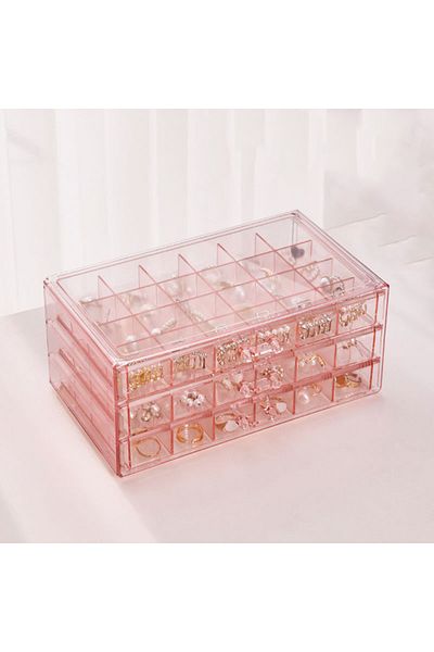 Choice Pink 1pc, Jewelry Storage Box, Material: Transparent PS, Color: Transparent, Brown, Gray, Pink