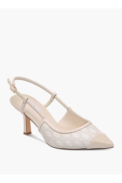 ELLE Women's Monogram Print Slingback Shoes with Buckle Closure and Kitten Heels