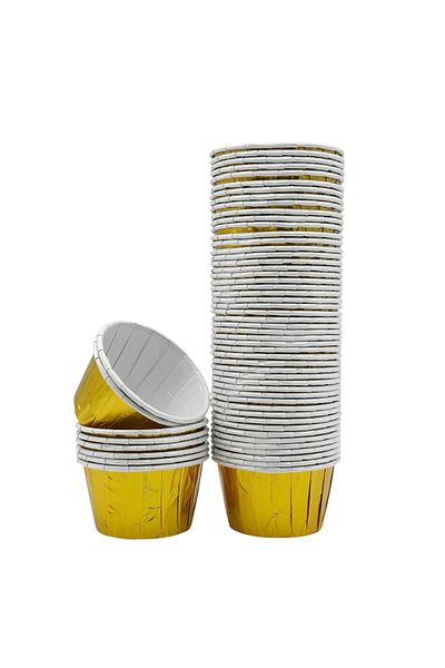 MODGER 50Pcs Gold Paper Muffin Cake and Souffle Capsule Metallic Golden Yellow Color Cupcake Baking Mold