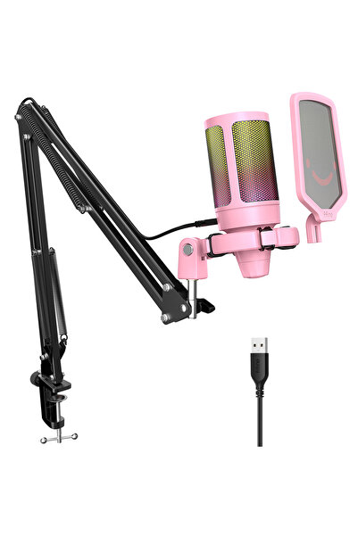 Fifine طقم ميكروفون ألعاب USB من FIFINE باللون الوردي للكمبيوتر الشخصي وPS4/5، طقم ميكروفون مكثف قلبي الشكل مع زر كتم الصوت/RGB /