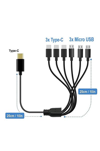 Choice كابل موزع USB PD 1 إلى 6 من النوع C/Micro USB 3 في 1 متعدد الاستخدامات مع شحن سريع (50 سم)