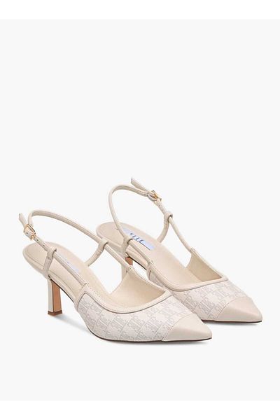 ELLE Women's Monogram Print Slingback Shoes with Buckle Closure and Kitten Heels