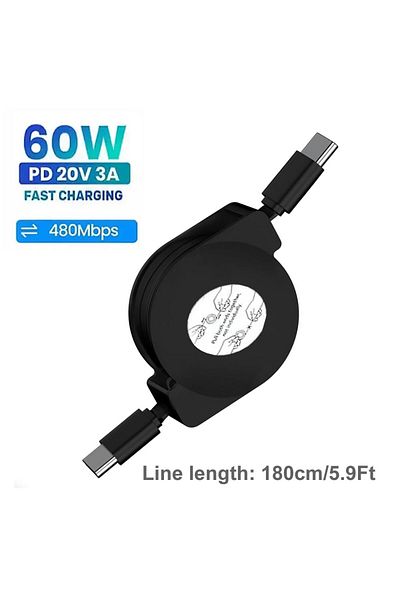 Choice PD 60W C-C (180cm) PD 100W USB C Retractable Data Cable, For iPhone 15 Pro Max For MacBook Samsung F