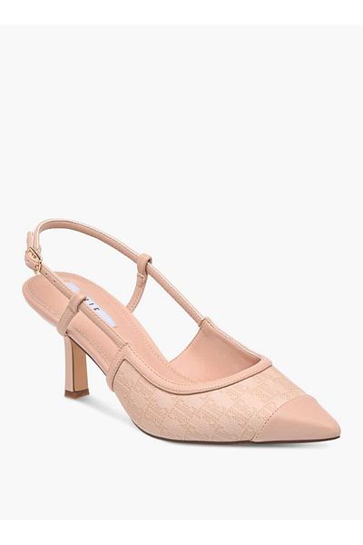 ELLE Women's Monogram Print Slingback Shoes with Buckle Closure and Kitten Heels