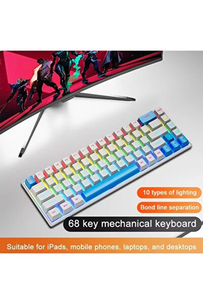Choice blue switch white-blue K68 Wired Mechanical Keyboard 10Kinds of Colorful Lighting Gaming and Office
