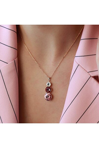 Necati Gün Round Kesim 3 Taşlı Rose Gold Kaplama Gümüş Kolye
