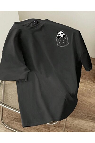 NO 601 Μπλουζάκι Unisex Anthracite Pocket Panda με στάμπα Oversize Loose Fit