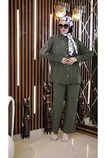 classy moda Double Suit Shirt Pants Stone Bead Button Oversize Die