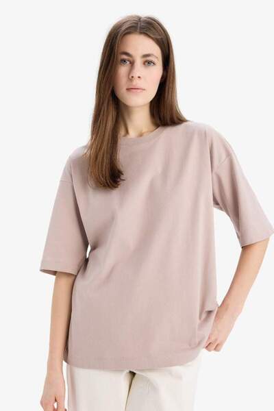 DeFacto Oversize Wide Fit Crew Neck Basic απλό χτενισμένο βαμβακερό κοντομάνικο μπλουζάκι C0099AX25SP