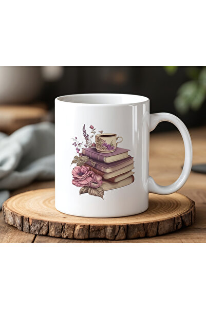 BB TRADE White Ceramic Printed Mug with Book and Coffee Design 330ml