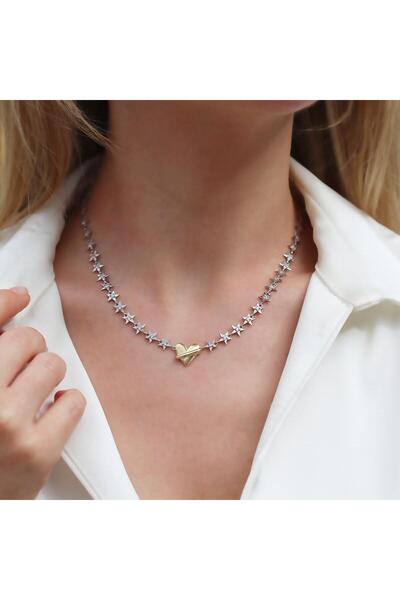 Necati Gün Kalp Yıldızlı Trend Çift Renkli Gümüş Kolye