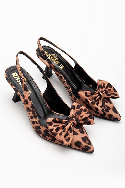 RİSSOLİ Rissoli Women's Leopard Satin Bow Open Back Daily Casual Evening Dress Stiletto Heeled Shoes