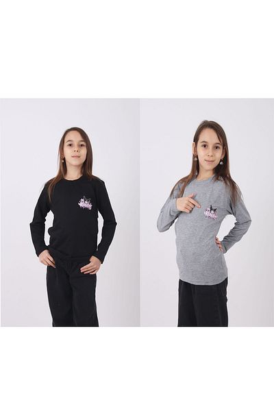 çiko kids Комплект от 2 памучни суитшърта с щампа Kuromi и кръгло деколте за момичета